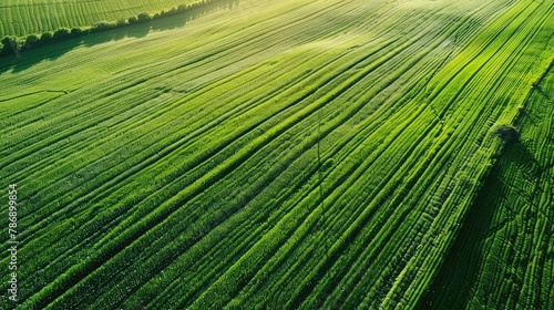 Bird s eye view of abstraction agricultural area and green wavy fields in sunny day.