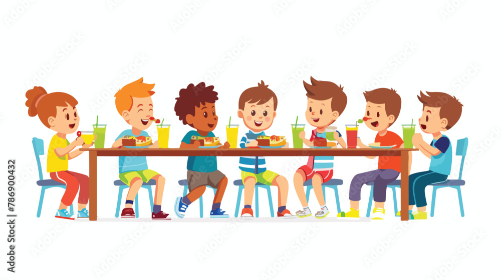 Group of kids eating breakfast food  drinking juice 