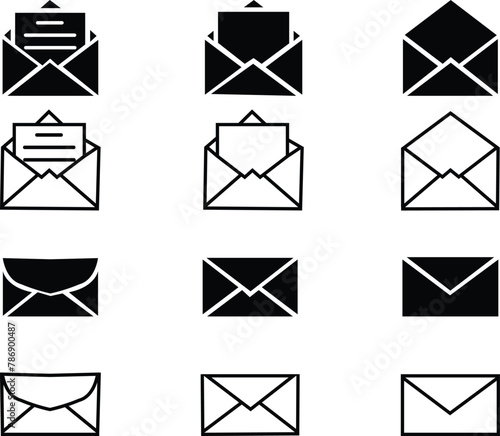 Email icon envelope set, open and closed envelopes vector isolated on transparent background, Black emails pack, Message envelope art icon for mobile apps and websites, ux and ui, Luxury open folder,