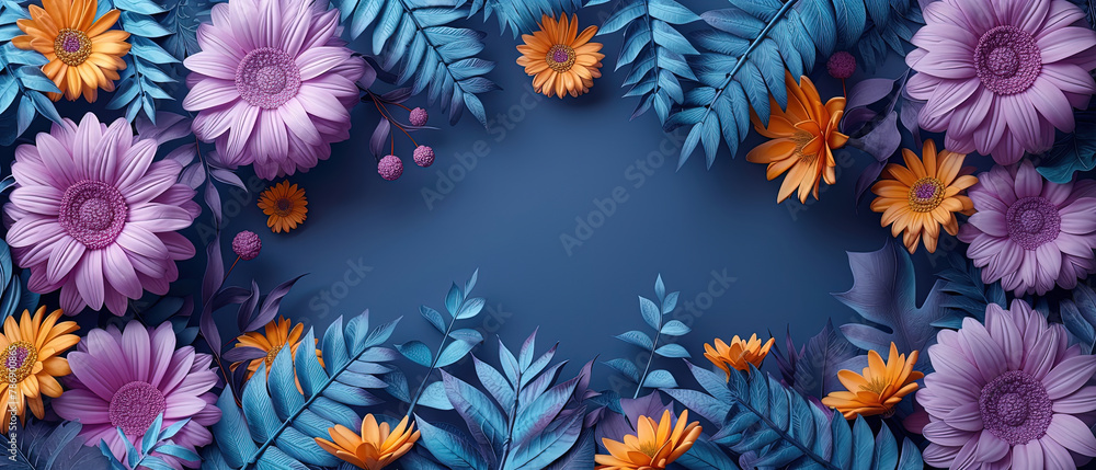 purple and orange flowers are in a blue background with leaves purple and orange flowers are in a blue background with leaves