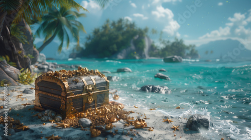 Pirate treasure chest on a deserted island  © Ummeya