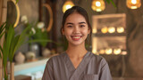 Young beautiful woman asian masseuse on spa background