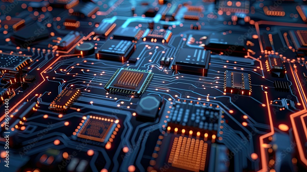 Visualize the intricate world of microchip processor circuit board technology set against a dark background