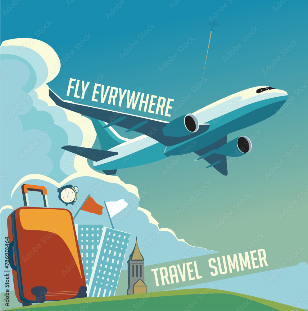 summer horizontal poster, cover, card with blue sky, plane in the clouds and modern typography. Summer holidays, journey, vacation travel illustration. Promo ads design template summer horizontal poster, cover, card with blue sky, plane in the clouds and modern typography. Summer holidays, journey, vacation travel illustration. Promo ads design template