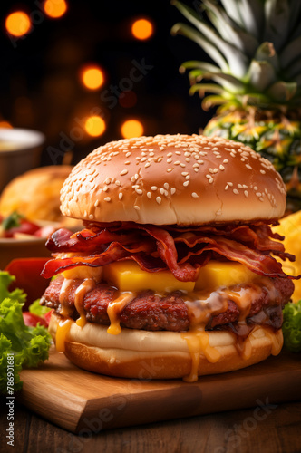 Pineapple bacon burger on wooden board. Vertical, close-up, side view with fresh pineapple fruit on background.