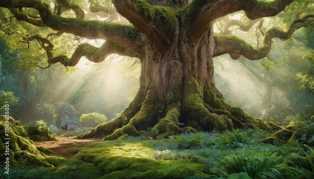 A beautiful forest with big trees and great vegetation. Digital painting background A beautiful forest with big trees and great vegetation. Digital painting background
