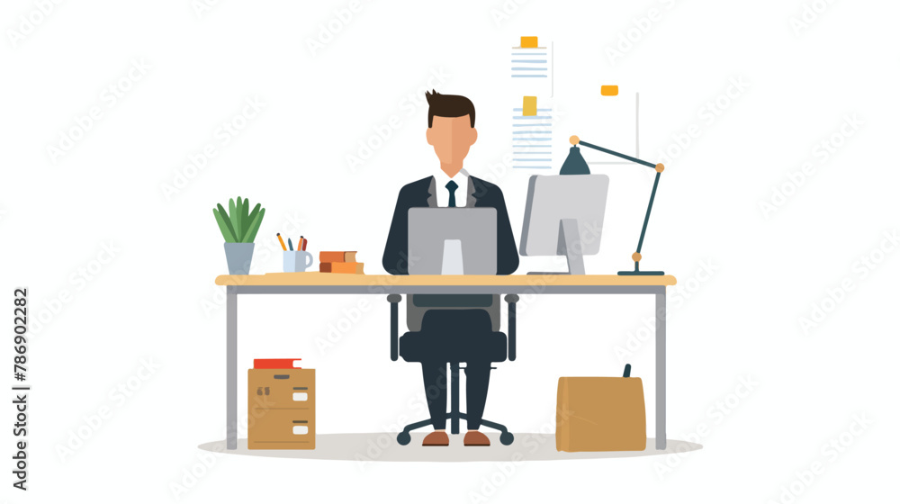 Business man on the table in office. Flat style vector