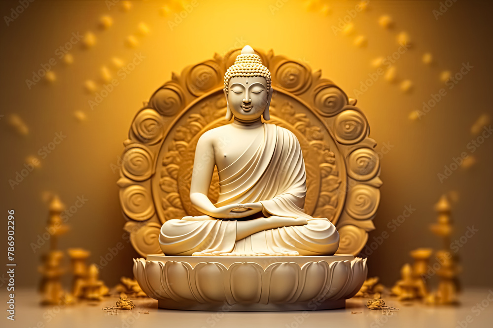 A gold statue of a Buddha is sitting on a table. A gold statue of a Buddha is sitting on a table.