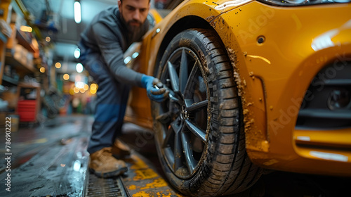 Mechanic changing a tire on a car. Ensure the image clearly shows the process of removing or installing a tire, with visible tools and safety precautions photo