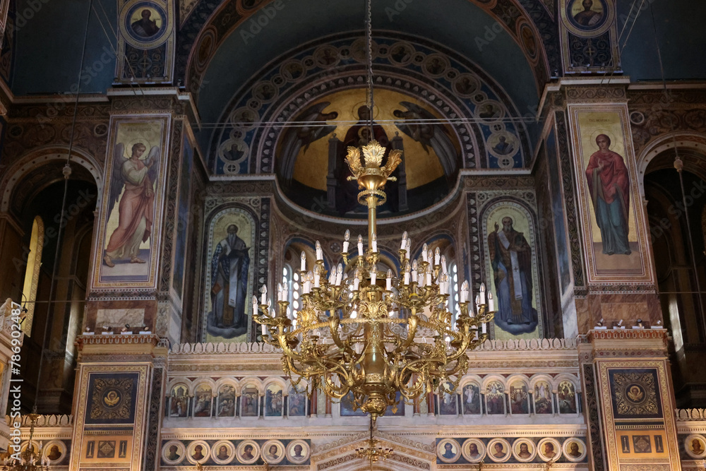 Chandelier-interior view of the Holy Metropolitan Church of the Annunciation in Athens Greece