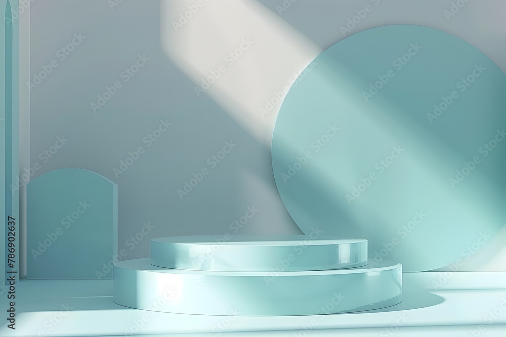 Elegant D Rendering of Blue Podium Platform for Product Presentation and Showcase in a Serene Studio Scene