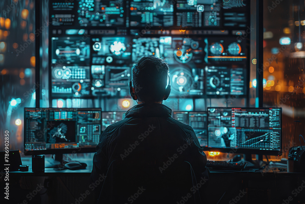 Back view of an individual overseeing an array of surveillance screens, reflecting the sophisticated technology used in modern security operations.. Back view of an individual overseeing an array of surveillance screens, reflecting the sophisticated technology used in modern security operations..