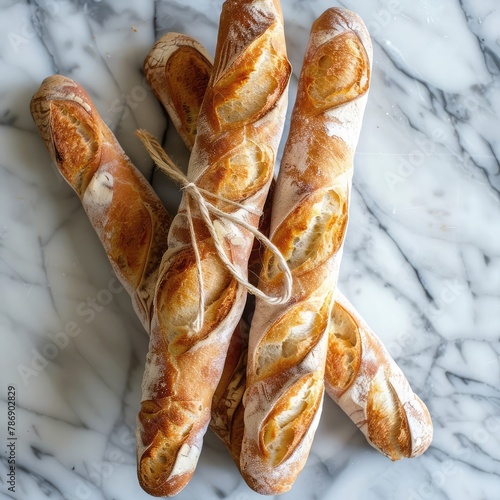 Artisanal Baguettes Tied with Twine on Marble Surface