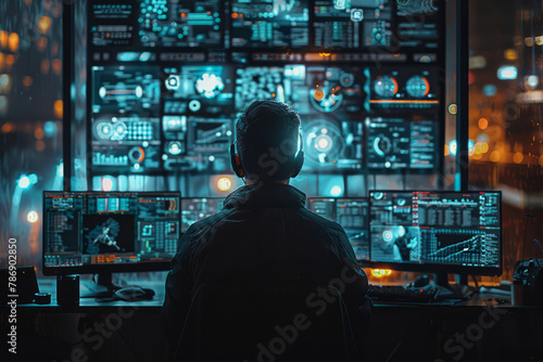 Back view of an individual overseeing an array of surveillance screens, reflecting the sophisticated technology used in modern security operations..