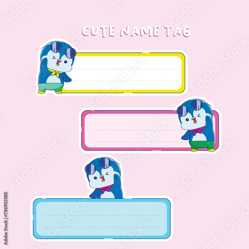 name tag for kids with cute penguin
