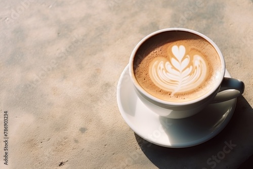 A steaming cup of coffee rests on a delicate saucer, calmly sitting on a wooden table