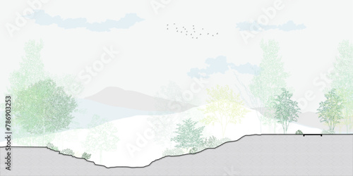 Architectural Drawings, Minimal style cad tree line drawing, Side view, set of graphics trees elements outline symbol for landscape design drawing. Vector illustration in stroke fill in white.