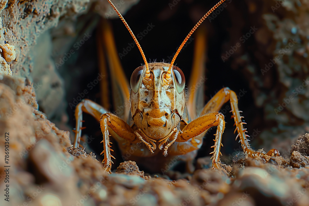 A detailed macro shot captures a grasshopper as it peers out from its sandy burrow, showcasing intricate textures and natural behavior. A detailed macro shot captures a grasshopper as it peers out from its sandy burrow, showcasing intricate textures and natural behavior.