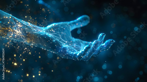 digital Illustration of a human hand on Dark blue technological environment, business, network, futuristic