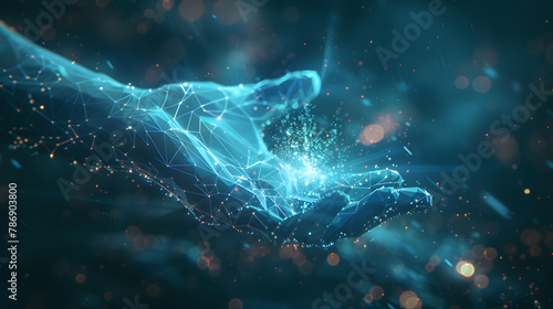 digital Illustration of a human hand on Dark blue technological environment, business, network, futuristic #786903800