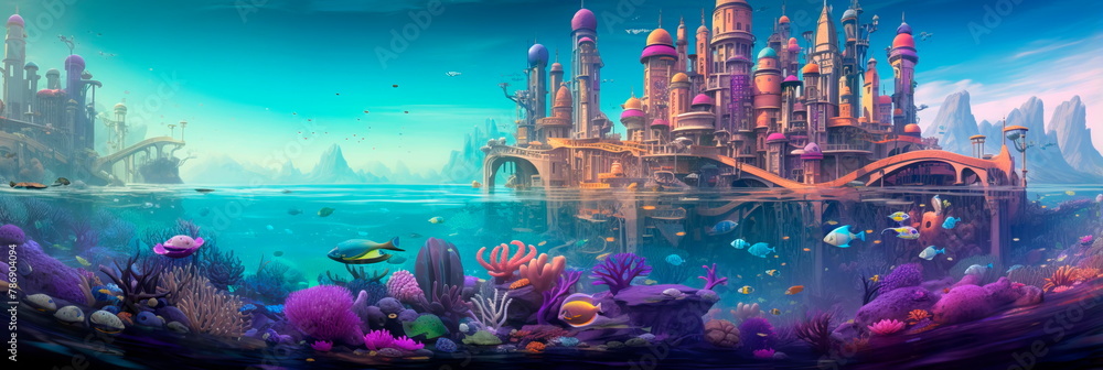 Fototapeta premium fantastical underwater city with dynamic of underwater life and structures, painted in vibrant and surreal colors.