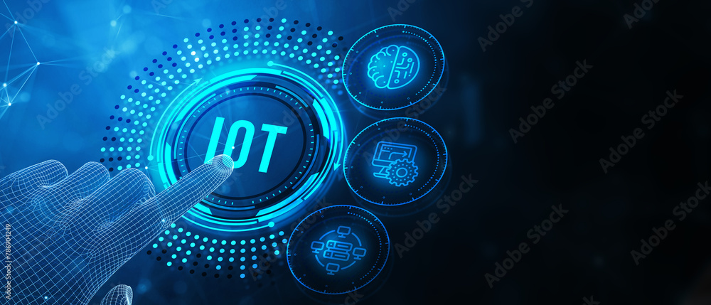Internet of things - IOT concept. Businessman offer IOT products and solutions. The future of technology. Virtual screen of the future with the inscription: IOT. 3d illustration Internet of things - IOT concept. Businessman offer IOT products and solutions. The future of technology. Virtual screen of the future with the inscription: IOT. 3d illustration