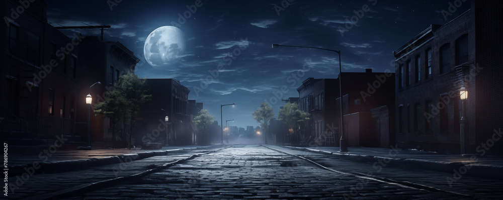 Empty urban street at night with lights, haunted city, panoramic view, generated ai
