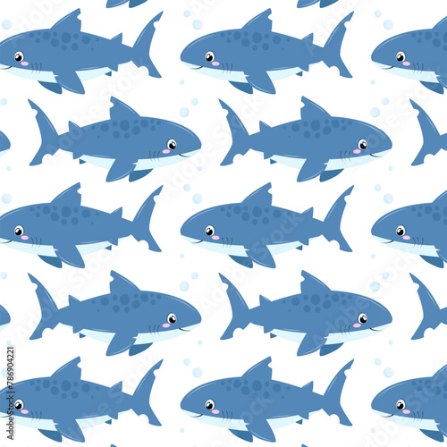 Shark in flat style. Pattern with cute sea ​​shark. Undersea world. Seamless pattern for textile, wrapping paper, background.