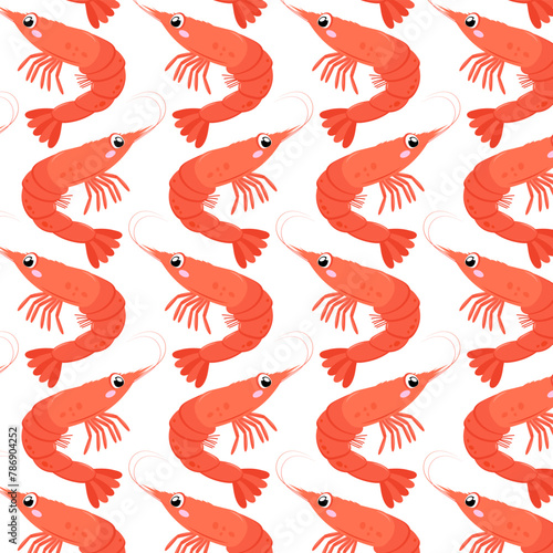 Shrimp in flat style. Pattern with cute sea shrimp. Undersea world. Seamless pattern for textile  wrapping paper  background.