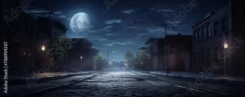 Empty urban street at night with lights, haunted city, panoramic view, generated ai