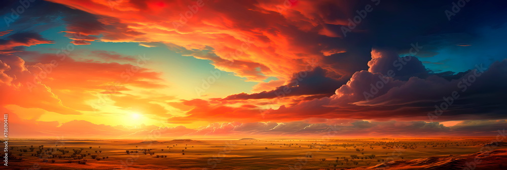 vast plains during sunset, with the sky ablaze in warm colors and the land bathed in soft light.