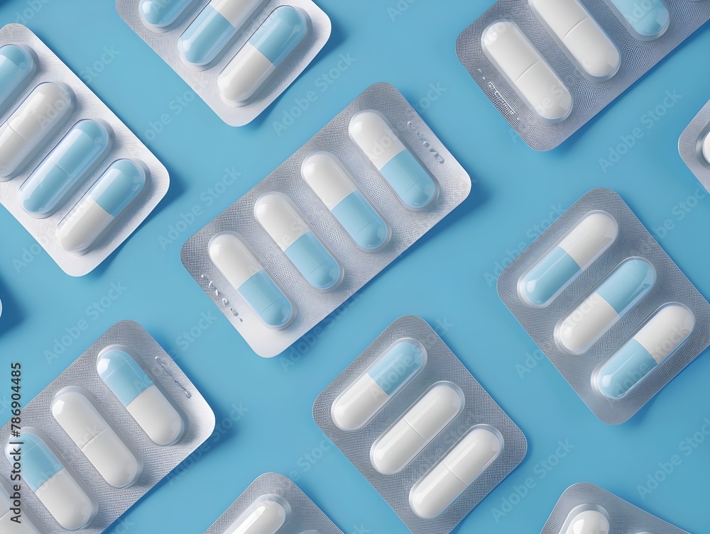 Photography of Blue-White Antibiotic Capsule Pills and Pill Blister Pack on Blue Background for Online Pharmacy Banner Photography of Blue-White Antibiotic Capsule Pills and Pill Blister Pack on Blue Background for Online Pharmacy Banner