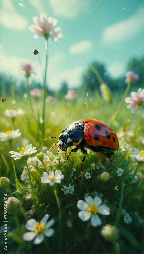 Fototapeta premium Image of beetles among flowers and grass, macro photo 23