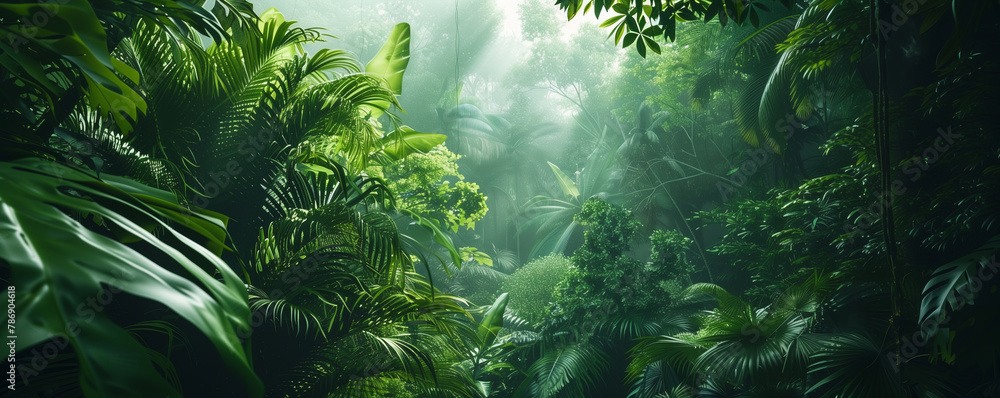 Obraz premium Dense jungle, wild forest with trees and tropical plants, green wilderness, adventure on rainforest, panoramic, generative ai 