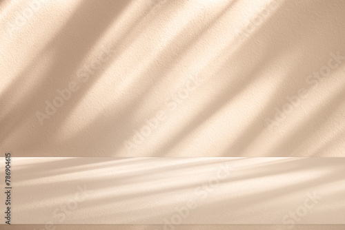 Wall interior autumn background, studio, and backdrops show products. with shadow leaf color beige background for text insertion and presentation of product 