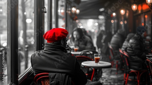 A black and white photography of a man in a red beret sits at a bustling cafe.