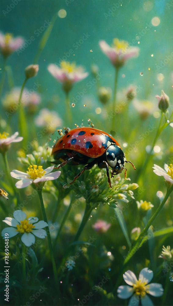 Fototapeta premium Image of beetles among flowers and grass, macro photo 21