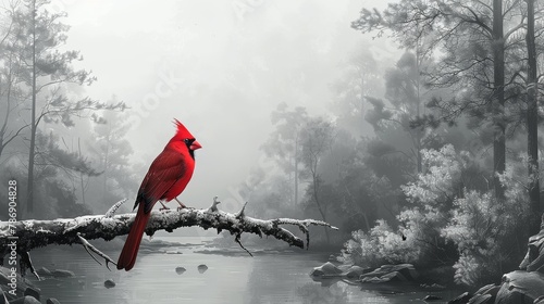 An illustrations red cardinal sits on a branch in a foggy forest. photo