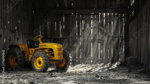 A black and white photography of a rustic barn scene with an old yellow tractor. photo