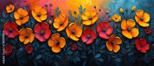 painting of a painting of a field of flowers with a sun in the background photo