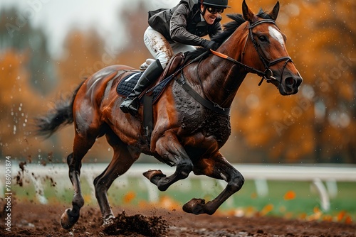 Jockey Riding Horse on Muddy Track. Generative AI © D
