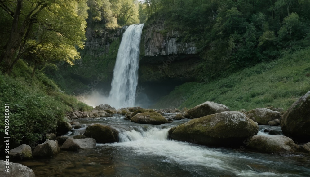 Beautiful waterfall amid the mountains' ancient summer woodland Beautiful waterfall amid the mountains' ancient summer woodland