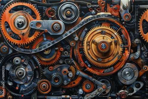 Detailed view of interconnected gears and machinery parts, illustrating industrial complexity and mechanical engineering..