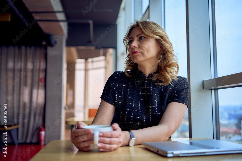 stunning mature woman at a table in a cafe drinking coffee near panoramic windows with a view of the city stunning mature woman at a table in a cafe drinking coffee near panoramic windows with a view of the city
