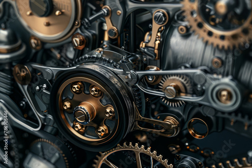 Detailed view of interconnected gears and machinery parts, illustrating industrial complexity and mechanical engineering.. © bajita111122
