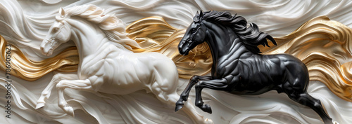 A white and black horse running in the air, closeup, with flowing gold silk around them, with a background wall hanging decoration