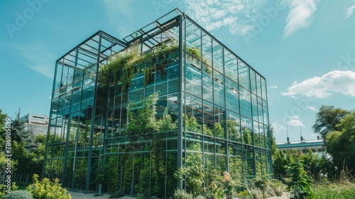 Modern Glass Building with Lush Landscaping on a Sunny Day