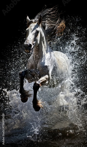 A majestic white horse runs gracefully through the water  creating a beautiful and powerful sight