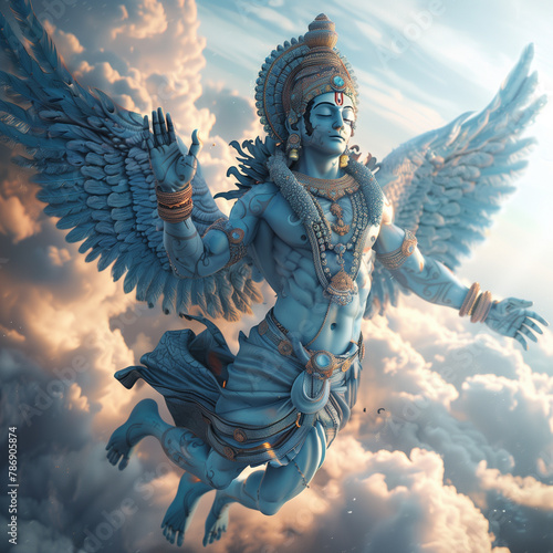 Vishnu, the Indian god with wings, fly in the sky, exuding divine power and tranquility photo