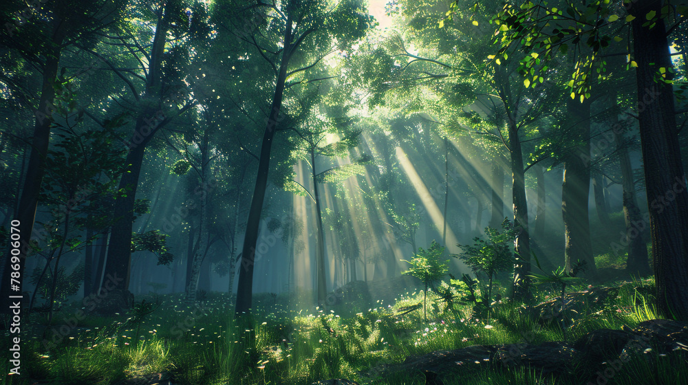 Obraz premium Behold the enchanting sight of sun rays filtering through the dense forest canopy in an AI-generated image